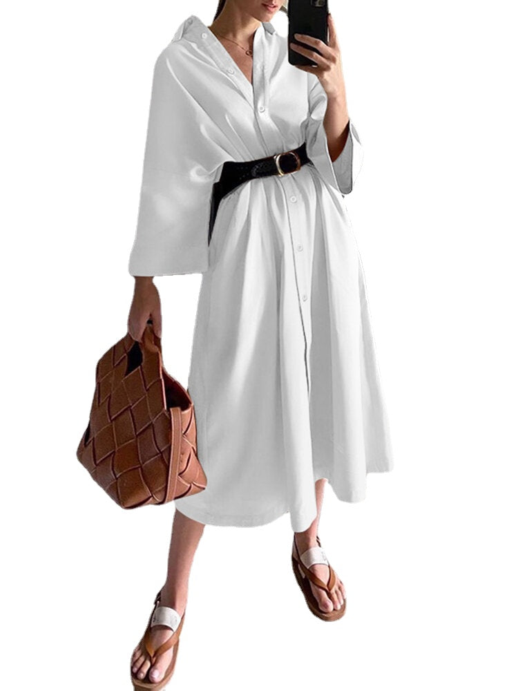 Solid Loose Belt Button Long Sleeve Lapel Shirt Dress