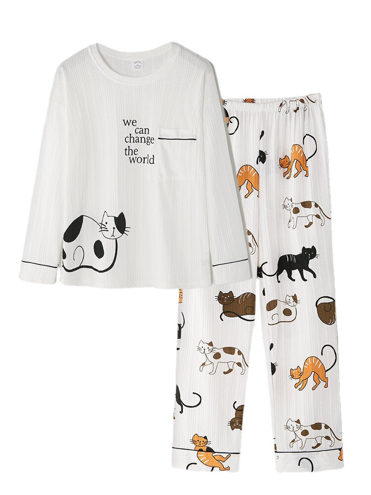 Women Cartoon animal Print Rib Long Sleeve Elastic Waist Pajama Set With Pocket