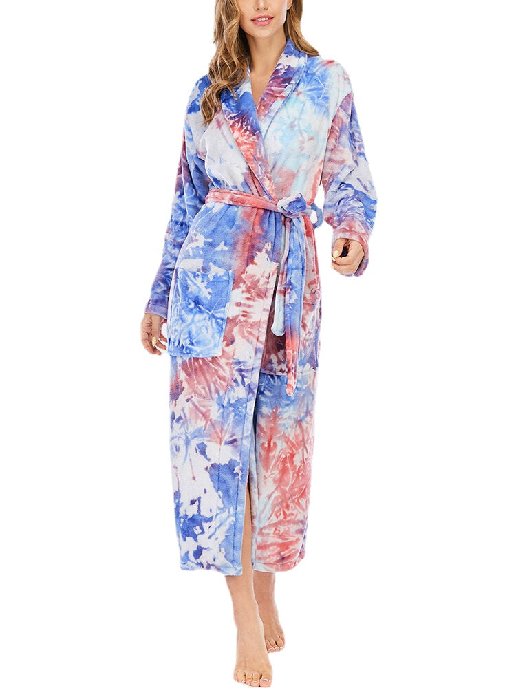 Tie Dye Women Flannel Long Sleeve Double Pocket Home Sleepwear Bathroom Robes