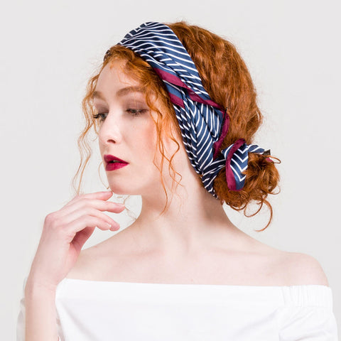 Women Fashion Thin Satin Embroidered Silk Scarf Comfortable Stripe Causal Headpiece