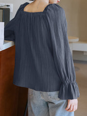 Solid Color Long Sleeve Square Collar Ruffled Blouse For Women