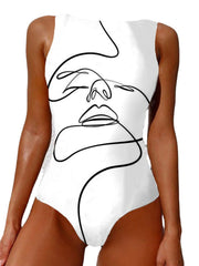 Women Line Drawing Abstract Print High Neck Sleeveless One Piece Slimming Swimsuit