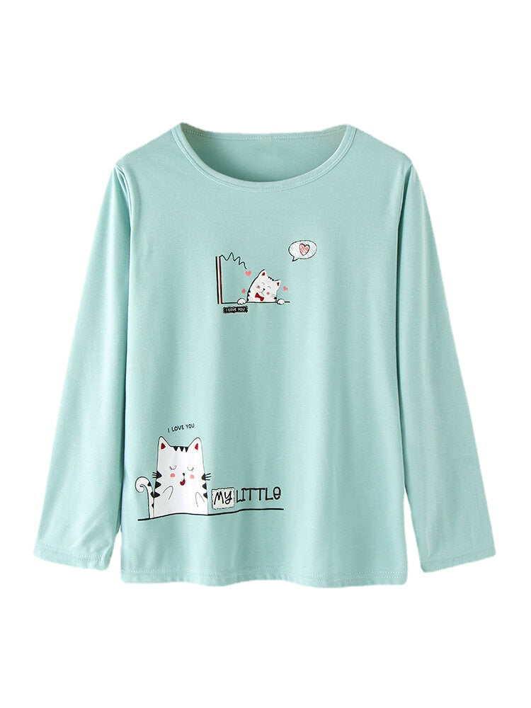 Women Cute Cartoon Animal Print Long Sleeve Pocket Elastic Waist Home Pajama Set