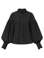 Women Stand Collar Lantern Sleeve Pleated Stylish Daily Solid Color Blouse