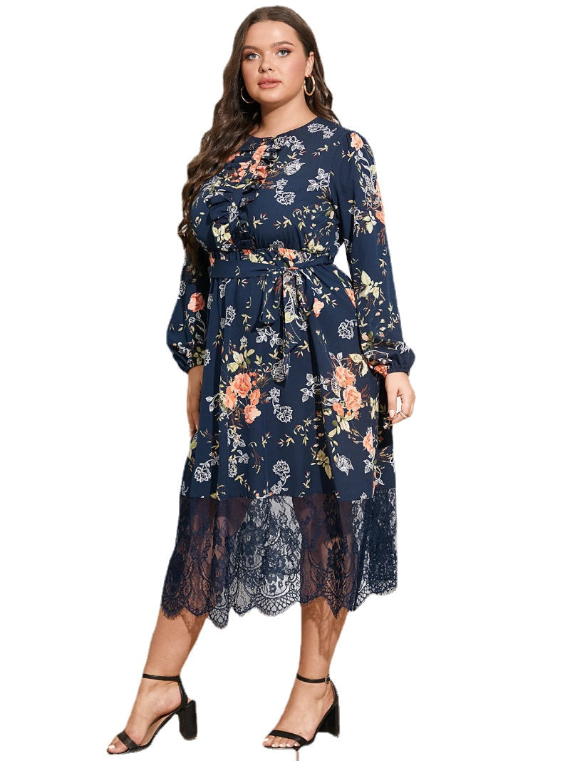Plus Size Floral Print Belt Design Lace Hem Dress