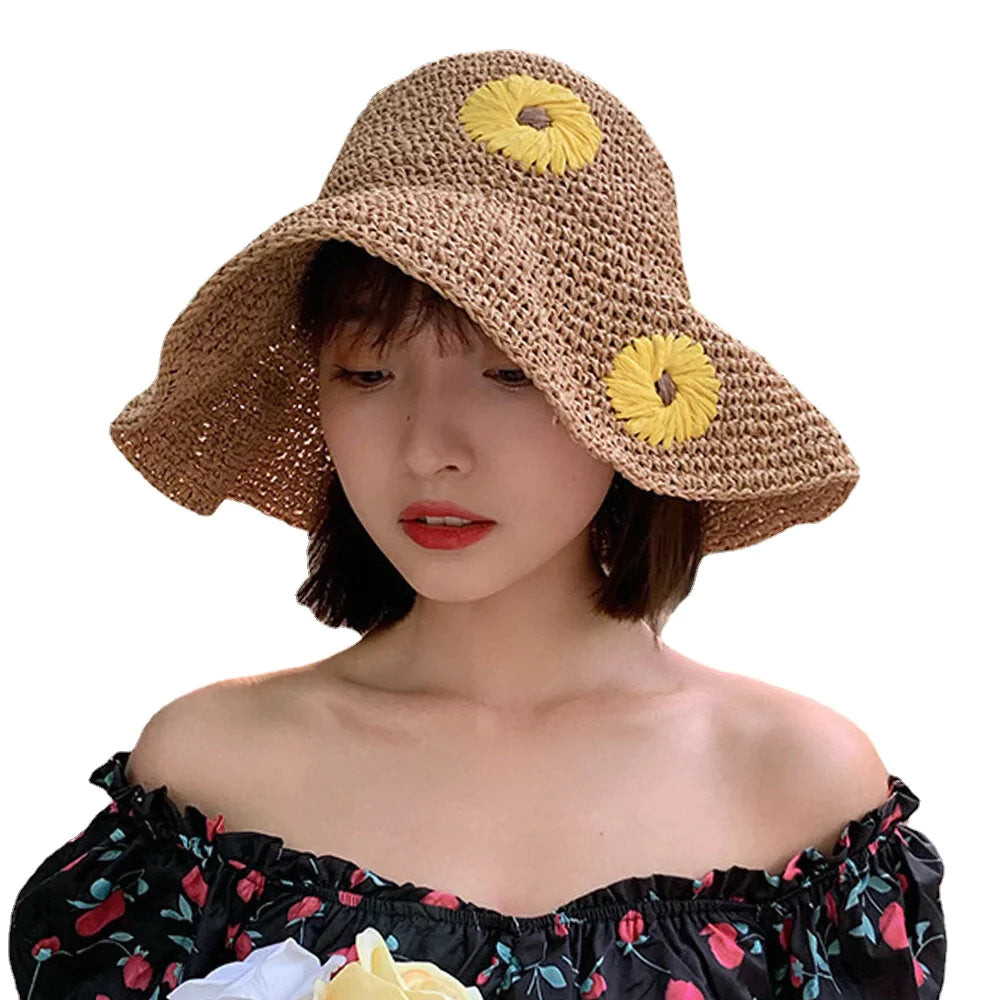 Women Straw Floral Solid Color Elegant Sunflower Big Brim Visor Sun Protection Hat Beach Hat Bucket Hat