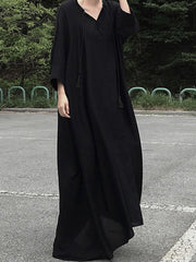 Women Casual V Neck 3/4 Seeve Solid Cotton Maxi Dress