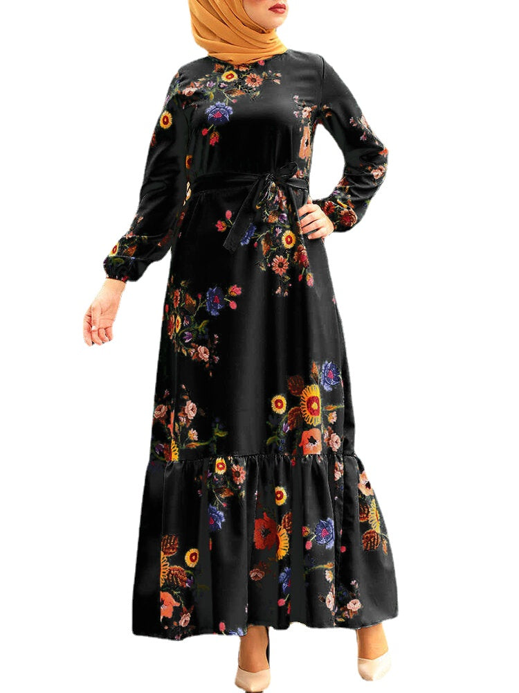 Women Floral Print Lace-Up Ruffle Hem Long Sleeve Retro Maxi Dresses