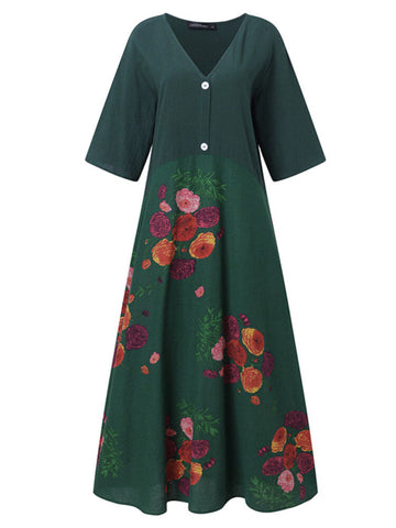 Women Bohemian 100% Cotton Floral Printed Ankle Length Midi Dresses