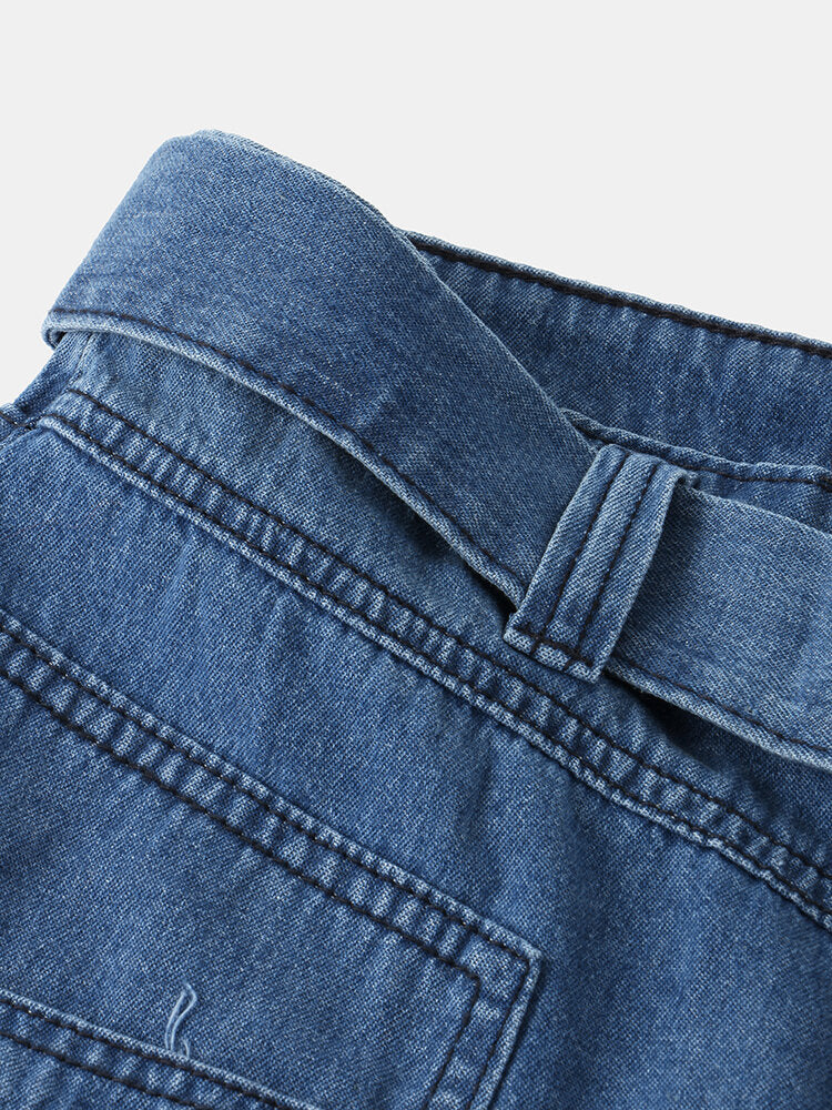 Women Casual Zipper Fly Lace-Up Mid Waist Wide Leg Jeans With Pocket