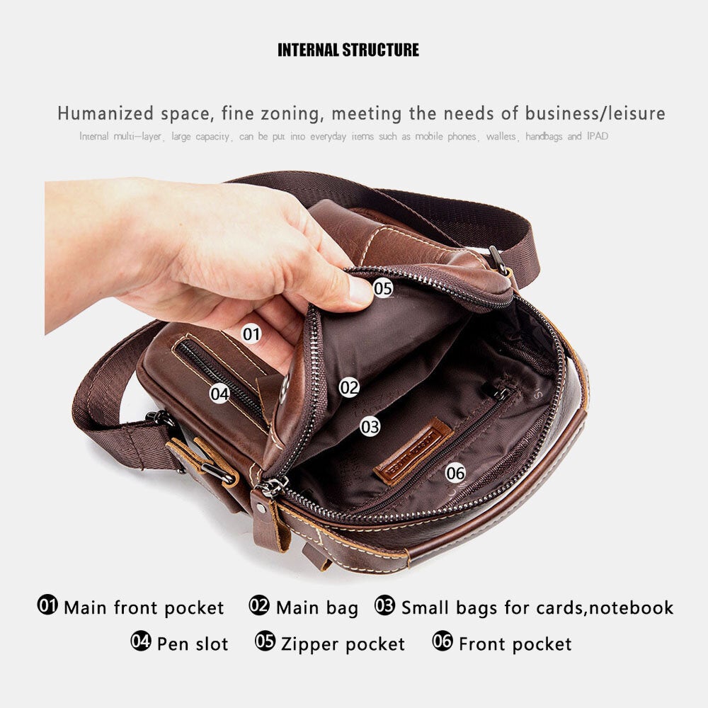 Men Genuine Leather Wear-resistant Headphone Hole Multi-pocket Vintage Crossbody Bag Shoulder