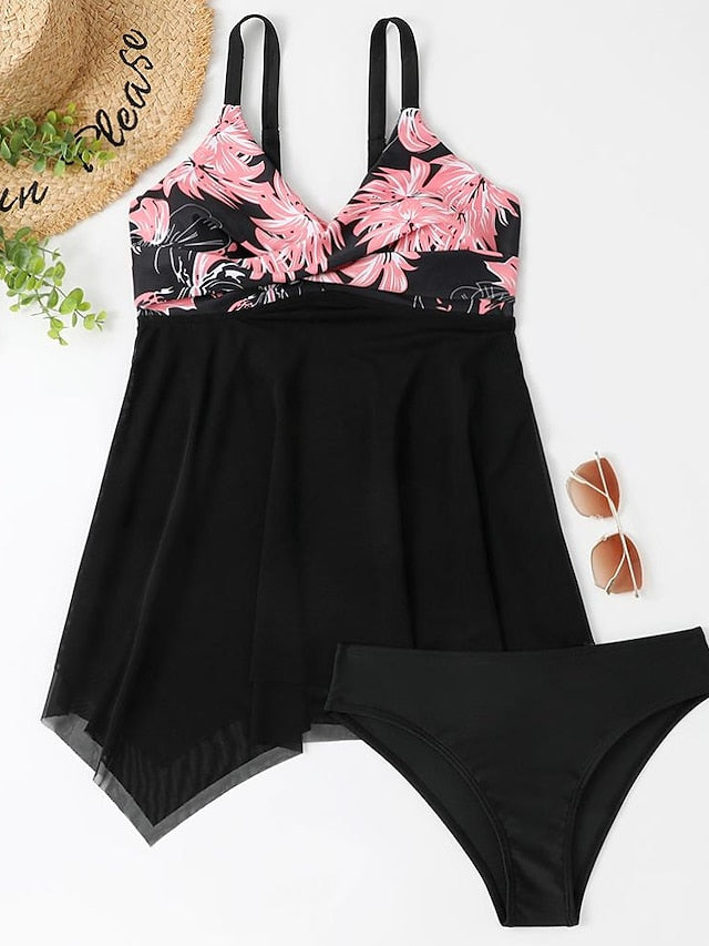 Women's Swimwear Swim Dress Normal Swimsuit 2 Piece Printing Floral Black Pink Green Bathing Suits Sports Summer