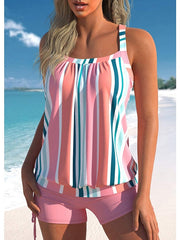 Women's Swimwear Tankini 2 Piece Normal Swimsuit 2 Piece Printing Striped Pink High Neck Bathing Suits Sports Beach Wear Summer