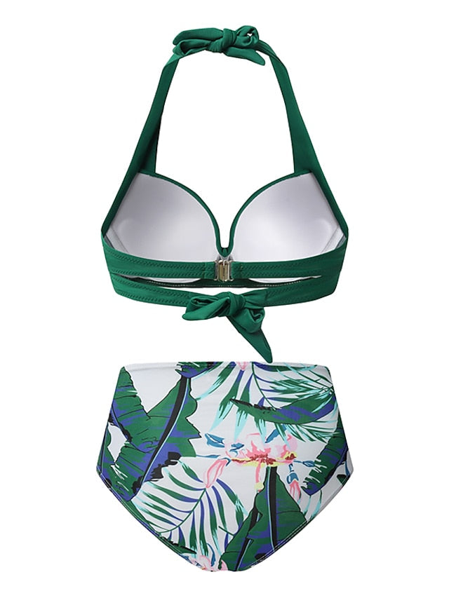 Women's Swimwear Bikini 2 Piece Normal Swimsuit Halter High Waist Push Up High Waisted Geometric Wave dot + red Black White Yellow Pink Bathing Suits Sports Fashion Ordinary