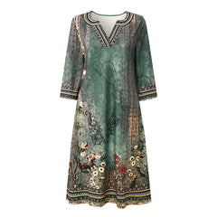 Women‘s Casual Dress Shift Dress Midi Dress Green Half Sleeve Floral Print Fall Spring Summer V Neck Print Dresses