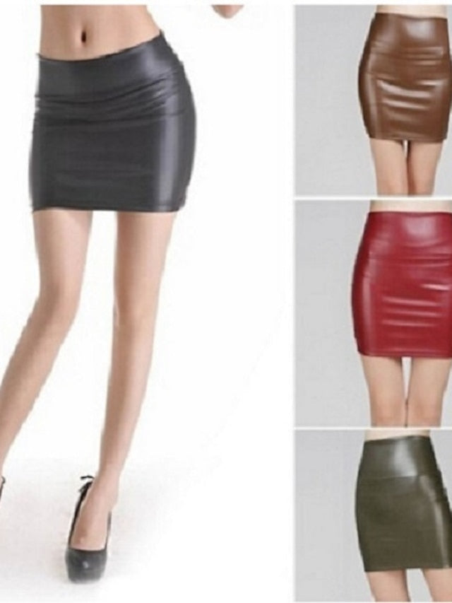Women's Pencil Bodycon Work Skirts Mini PU Faux Leather Black Red Brown Skirts Spring High Waist Sexy Holiday Nightclub