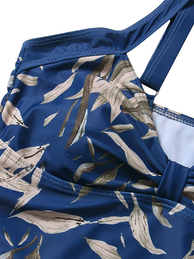 Women's Swimwear One Piece Monokini Bathing Suits Normal Swimsuit Tummy Control Print Blue Padded Strap Bathing Suits Sports Vacation Sexy