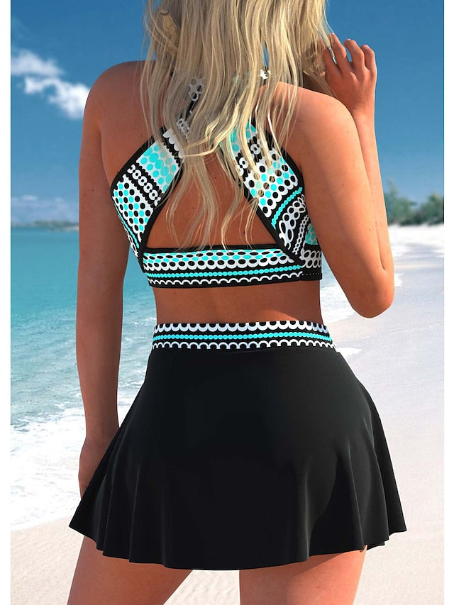 Women's Swimwear Tankini 2 Piece Plus Size Swimsuit Printing High Waisted Floral Light Blue Black Yellow Blue Purple Crop Top Bathing Suits Sports Summer