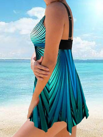Women's Swimwear Swim Dress 2 Piece Plus Size Swimsuit 2 Piece Modest Swimwear Open Back Printing Stripes / Ripples Burgundy Navy Blue Blue Green Camisole Strap Bathing Suits New Vacation Fashion