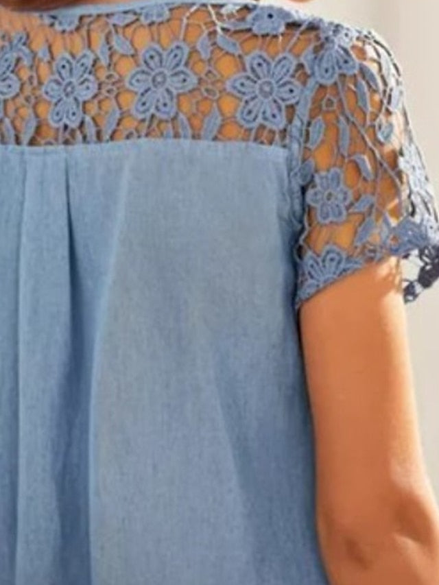 Women's V-Neck Denim Mini Dress with Lace and Buttons - Casual Summer Fashion