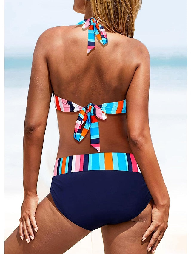 Women's Swimwear Bikini Normal Swimsuit 2 Piece Printing Striped Stars Navy Blue Rainbow Bathing Suits Sports Beach Wear Summer