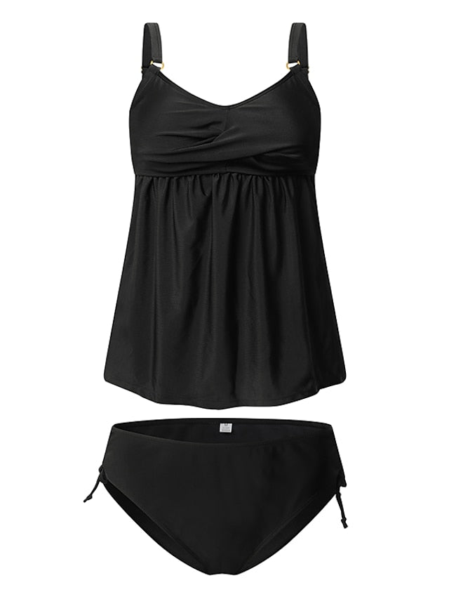 Women's Swimwear Tankini 2 Piece Normal Swimsuit 2 Piece Pleated Open Back Pure Color Black Padded Strap Bathing Suits Sports Casual Vacation / Modern / New / Padded Bras