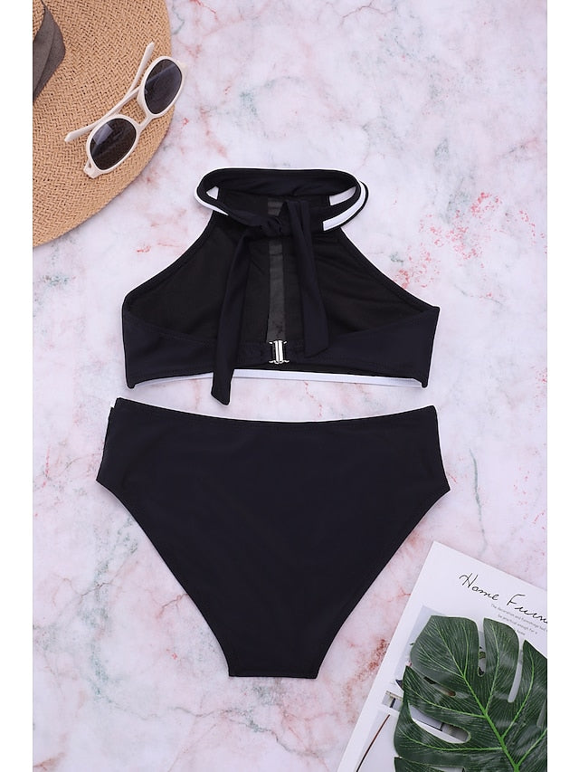 Women's Swimwear Bikini Tankini Normal Swimsuit Tie Knot Mesh Bow Cross Solid Color Stripe Black Padded Blouse Strap Bathing Suits New Party Neutral / Sexy / Padded Bras