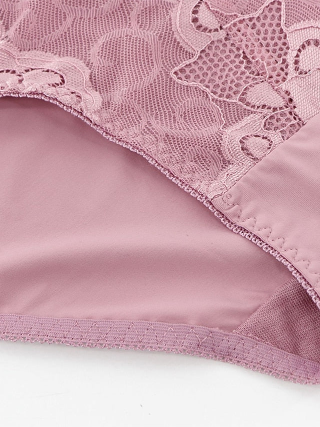 Women's Plus Size Lace Simple Flower Briefs Underwear Micro-elastic Low Waist Nylon Cotton Maroon L , 1 PC , Polyester