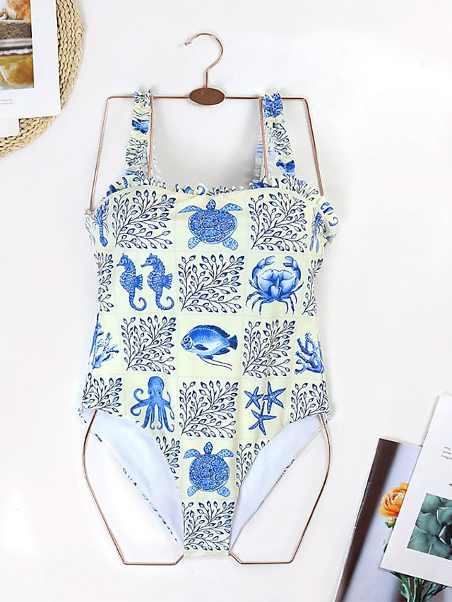 Women's Swimwear Tankini Monokini Bathing Suits Normal Swimsuit Ruched 2 Piece Animal Plant Blue Padded Strap Bathing Suits New Hawaiian Retro