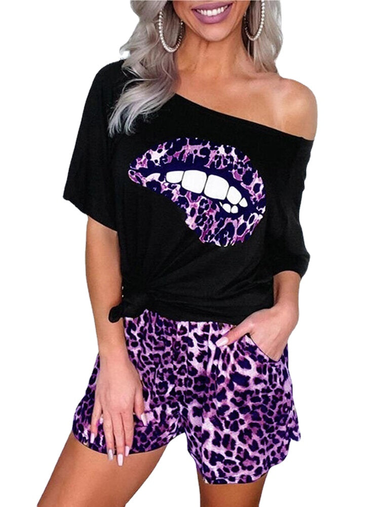 Casual Off Shoulder SLips Print T-shirts Leopard Print Shorts Two Pieces Sets