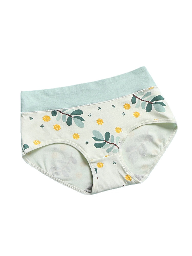 1Pcs Women Lemon & Leaves Print Cotton Breathable High Waisted Panties