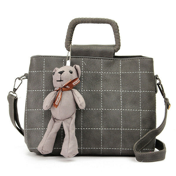 Retro Women PU Leather Plaid Bear Handbags Ladies Elgant Shoulder Bags Crossbody