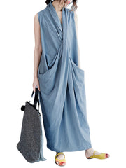 Women Sleeveless V Neck Solid Color Maxi Dress