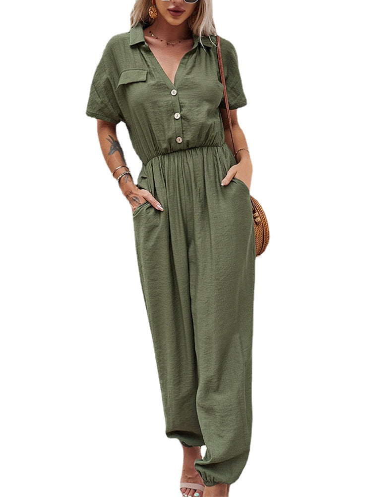 Solid Color Button Pocket High Elastic Waist Loose Jumpsuit
