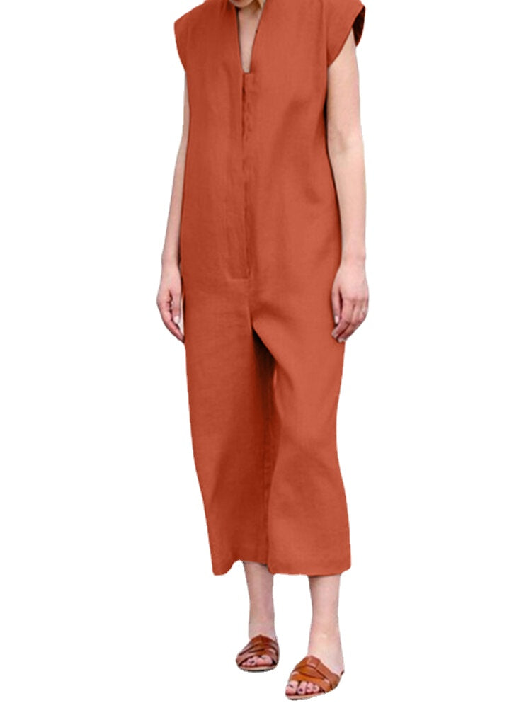 Solid Sash V Neck Pocket Sleeveless Casual Cotton Jumpsuit