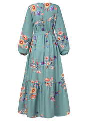 Women Floral Print Lace-Up Ruffle Hem Long Sleeve Retro Maxi Dresses