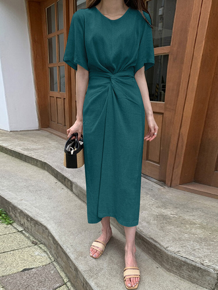 Cotton Solid Bowknot Short Sleeve Maxi Dress