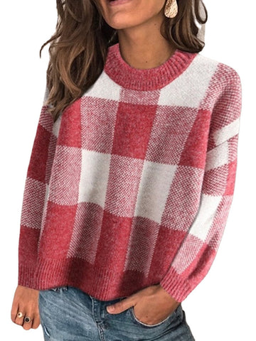Women Plaid Printed knitted O-Neck Long Sleeve Plus Size Sweaters