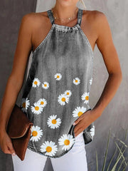 Daisy Floral Print Halter Women Casual Denim Tank Tops