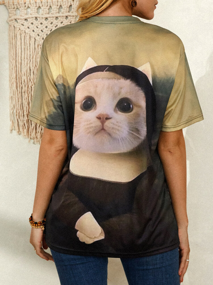 Women Funny Cat Print Round Neck Short Sleeve T-Shirts