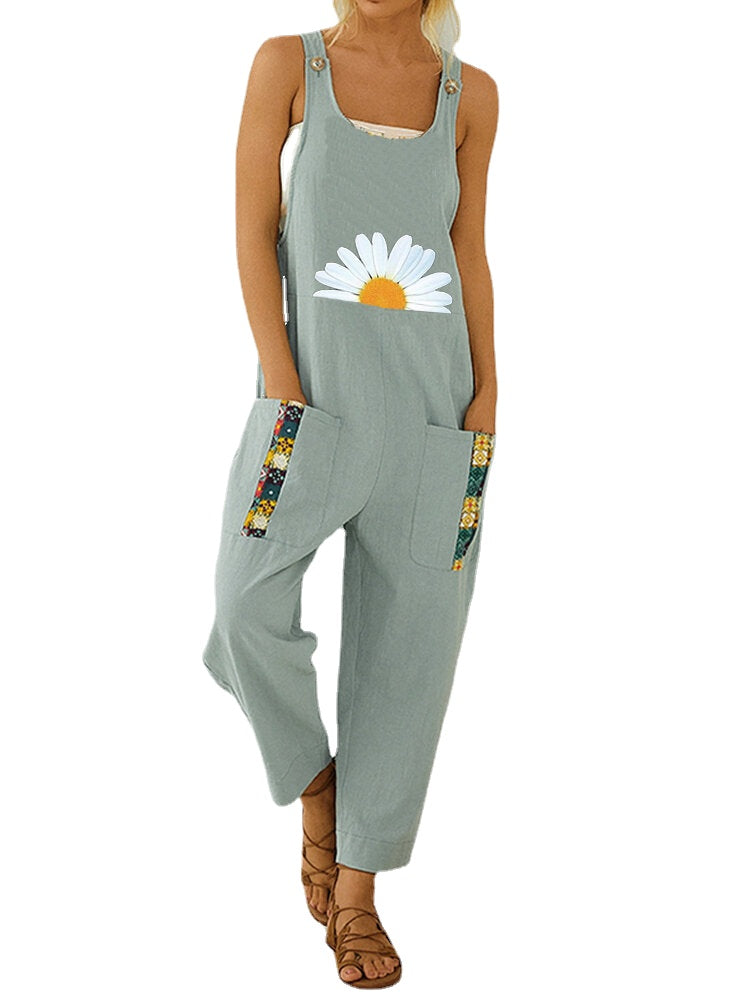 Flower Tribal Pattern Pocket Sleeveless Jumpsuit For Women