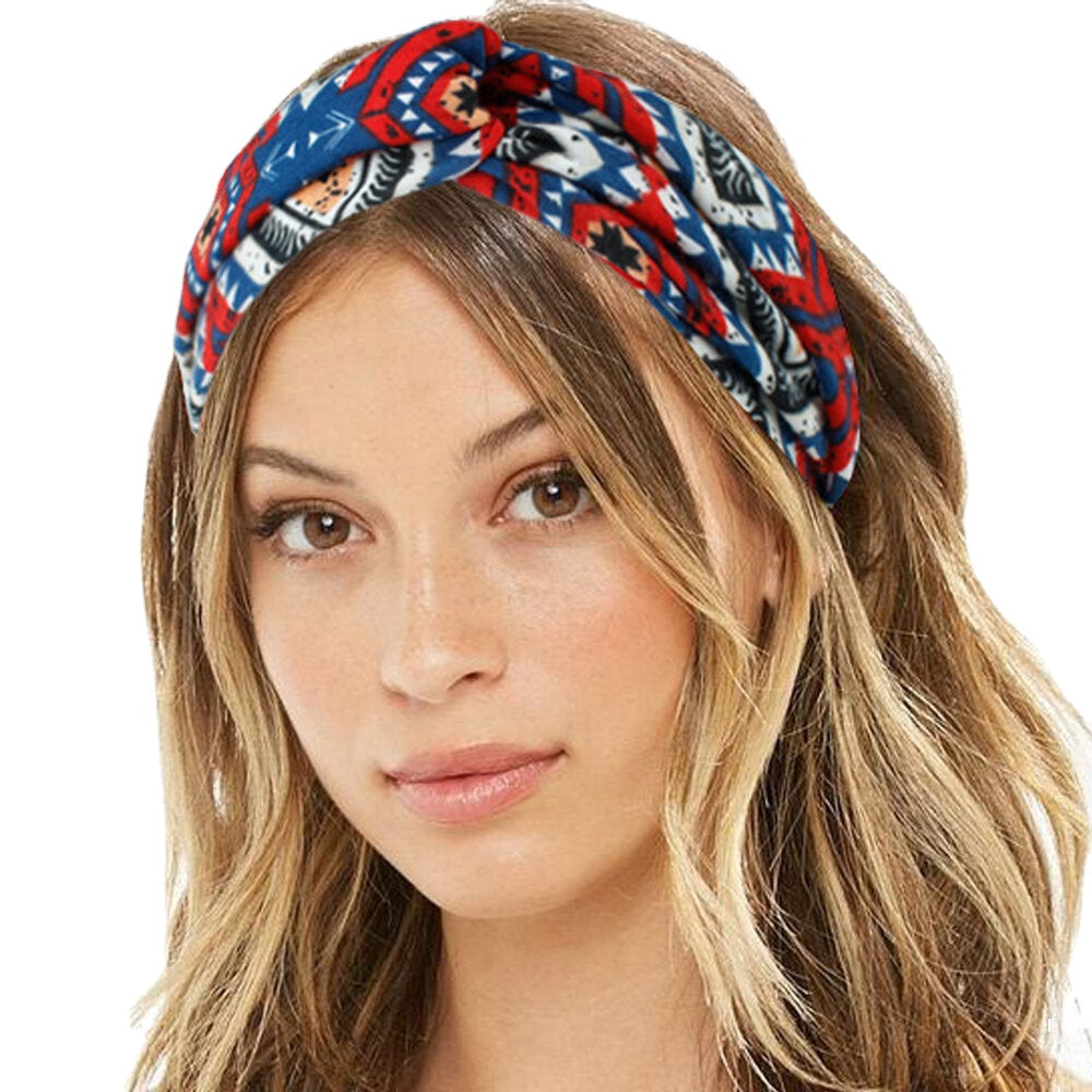 Women Bohemian Style Diamond Lattice Pattern Casual Outdoor Headdress Elastic Cross Tie Wide Brim Headband