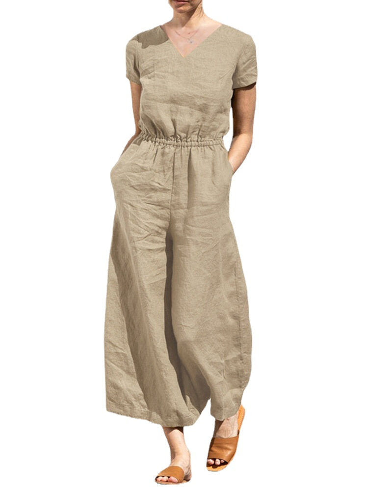 Solid Pocket Elastic Waist Short Sleeve Casual Cotton Jumpsuit