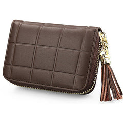 Women Genuine Leather Quilted Card Holder Girls Tassel Zipper Short Wallet Coin Bags