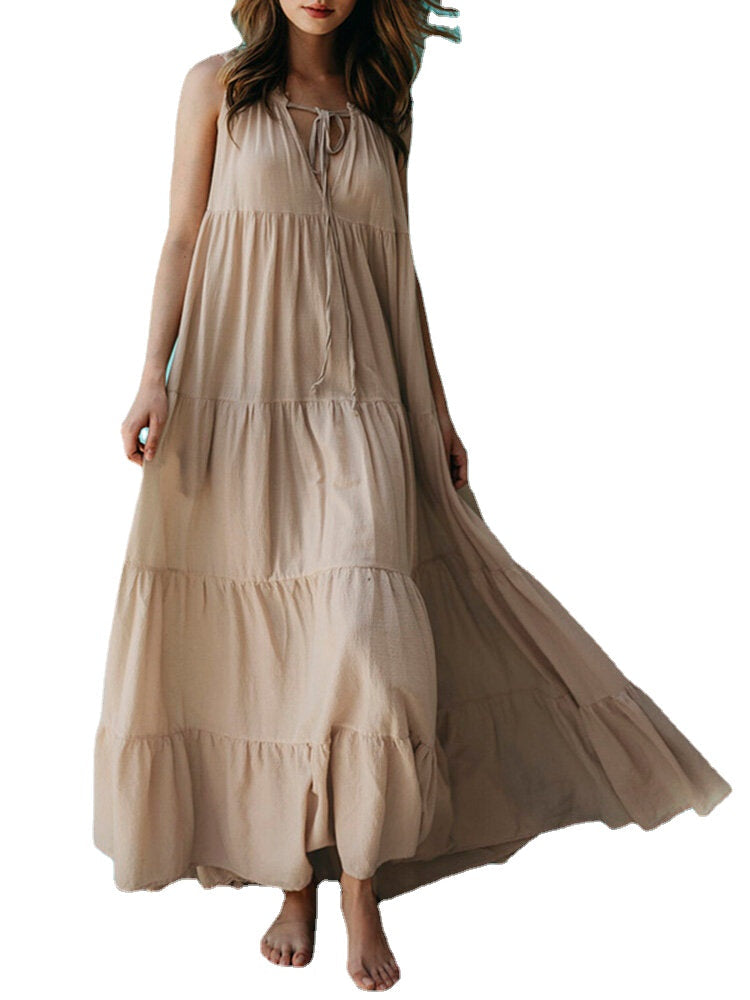 Casual Solid Sleeveless V-neck Pleated A-line Maxi Dress