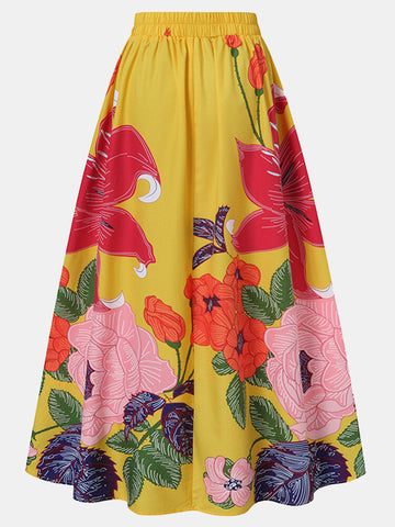 Women Floral Print Casual Elastic High Waisted Holiday Maxi Skirts With Pocket