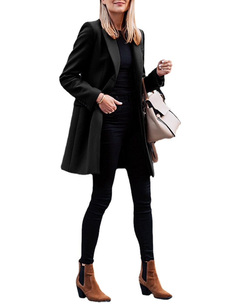 Solid Button Long Sleeve Lapel Coat For Women