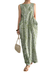 Sleeveless Round Neck Pocket Print Paisley Maxi Dress