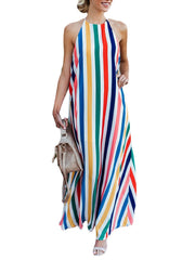 Women Striped Halter V-neck Sleeveless Dress