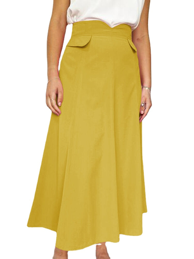 Women Solid Color Zipper Back Casual High Waist Skirts